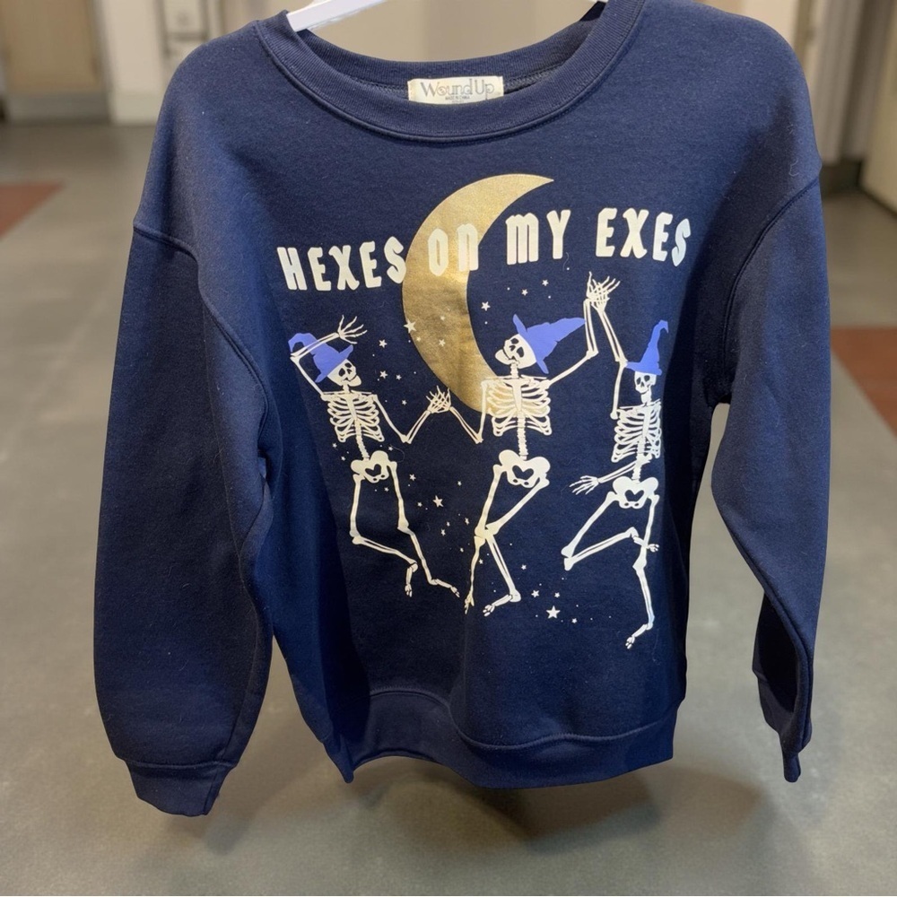 Wound Up Sm Navy Sweatshirt Skeleton Moon Graphic Hexes On My Exs Trendy Spooky